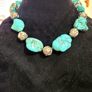 Statement Necklace, Chunky faux Turquoise and silver colored accents.